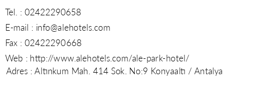 Ale Park Hotel telefon numaralar, faks, e-mail, posta adresi ve iletiim bilgileri